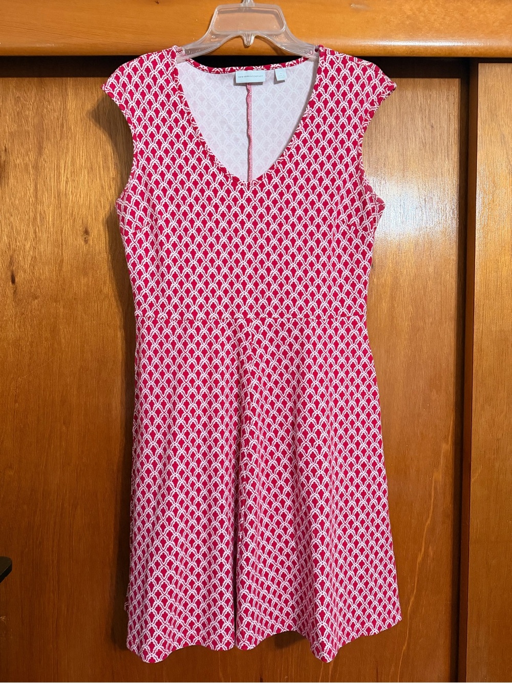 NY & Co Red & White Printed Cap-Sleeve Fit-and-Flare Dress with pockets